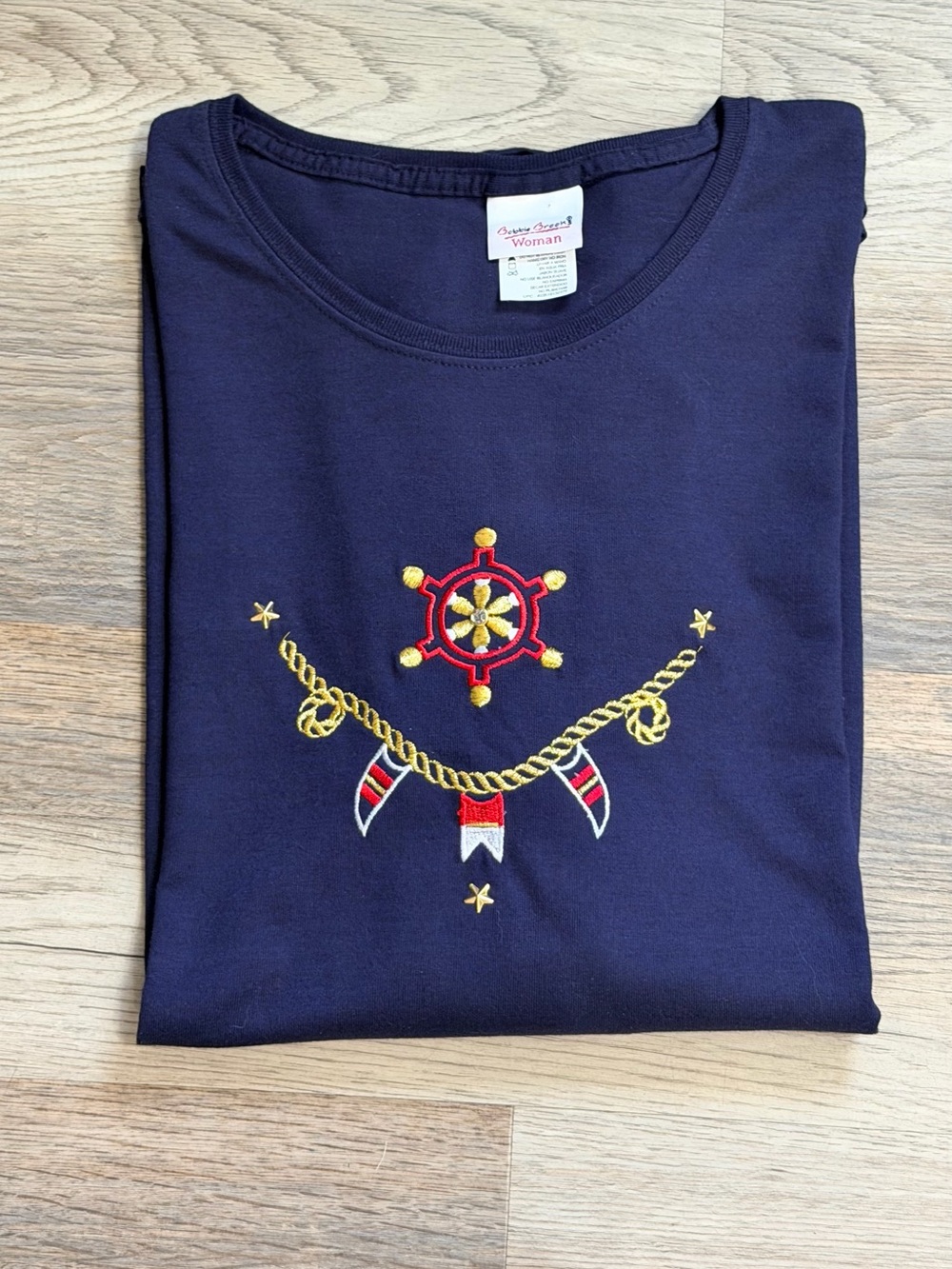 Bobbi Brown Navy Short Sleeve Tee with Nautical Embroidery and Gold Rope Detail